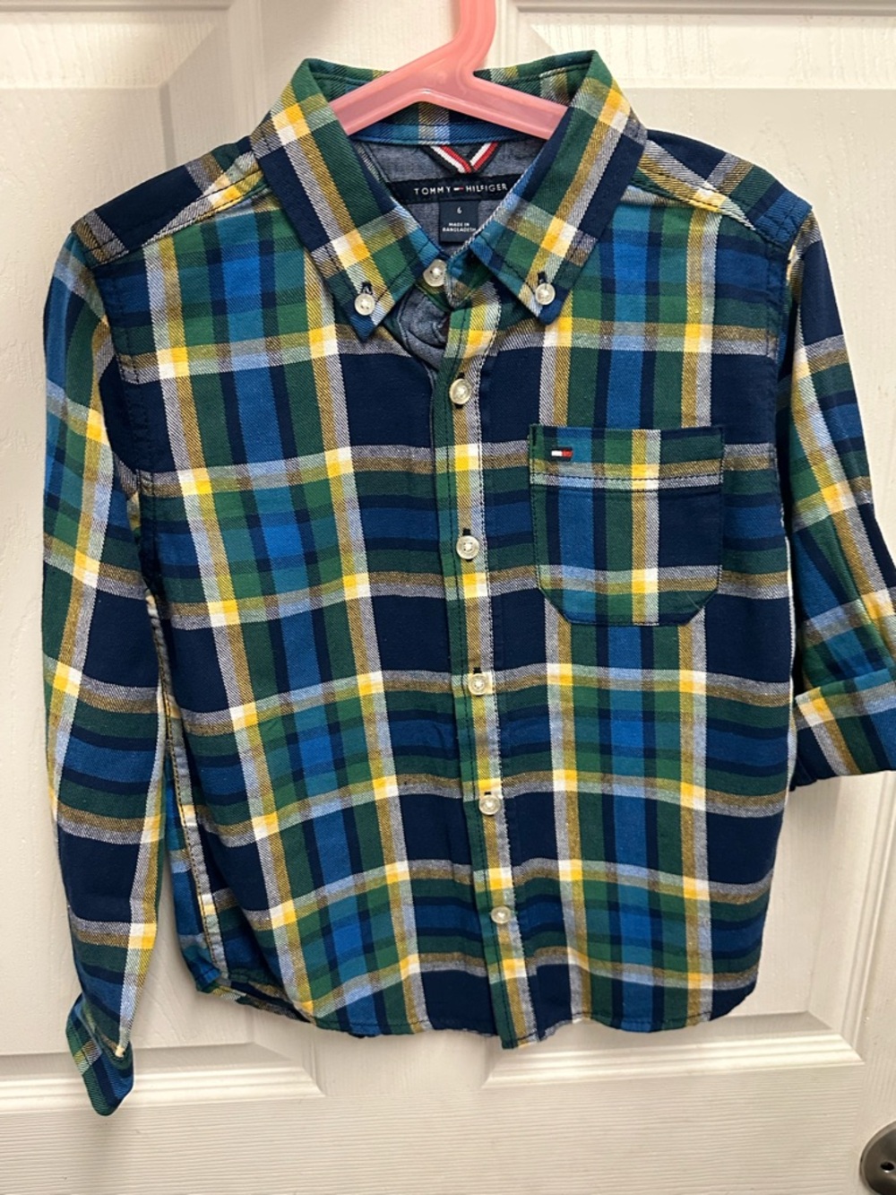 Tommy Hilfiger Boys Navy Blue Green Yellow Plaid Button-Down Shirt
